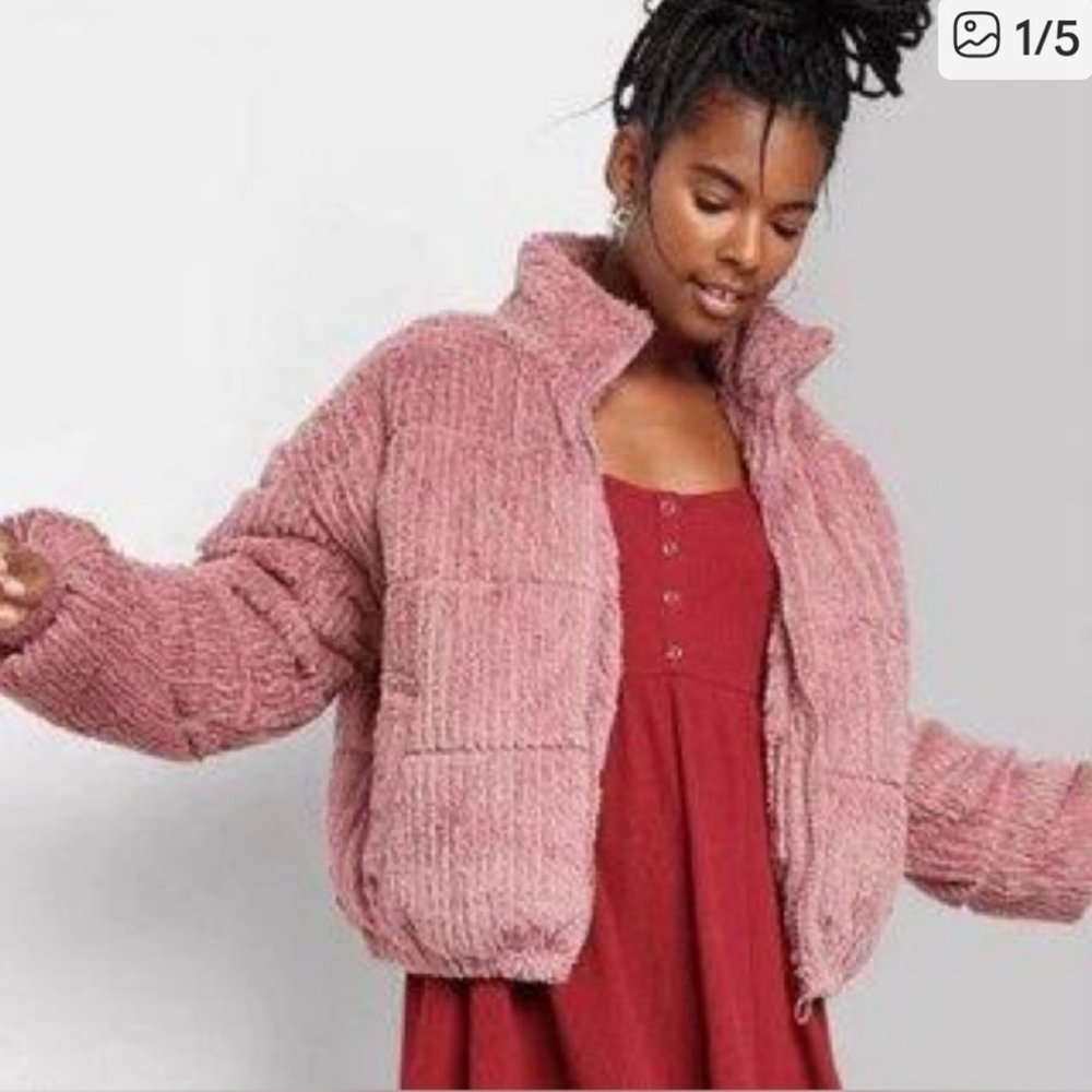 Wild Fable Feathered Cord Pink Cropped Corduroy  puffer Jacket M